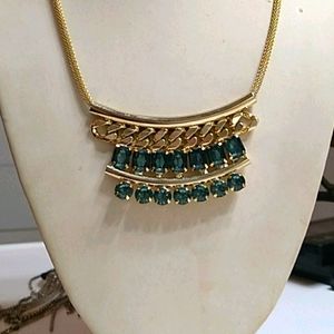 Gold n blue green rhinestone statement necklace